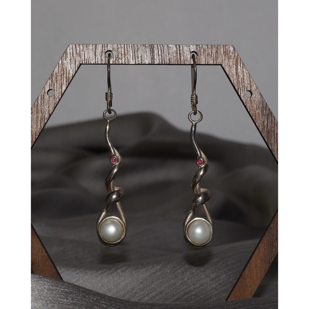 Vintage Sterling Silver Pearl Dangle Earrings 8.01G / 2.1in